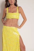 yellow sequin midi skirt