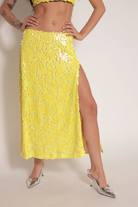 yellow retro sequin midi skirt