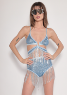 sequin fringe bra top in blue