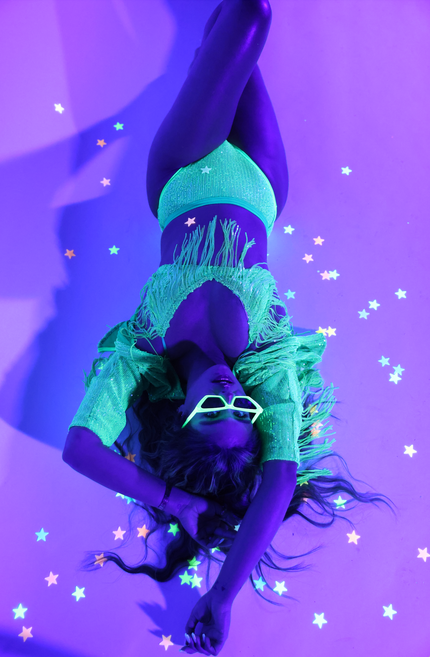 Green Sequin Glow in the Dark Bra Underwear and Jacket Jamie Kidd collaboration