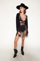 black jacket coverup with macrame trim