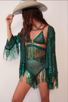 sequin fringe bra top in green