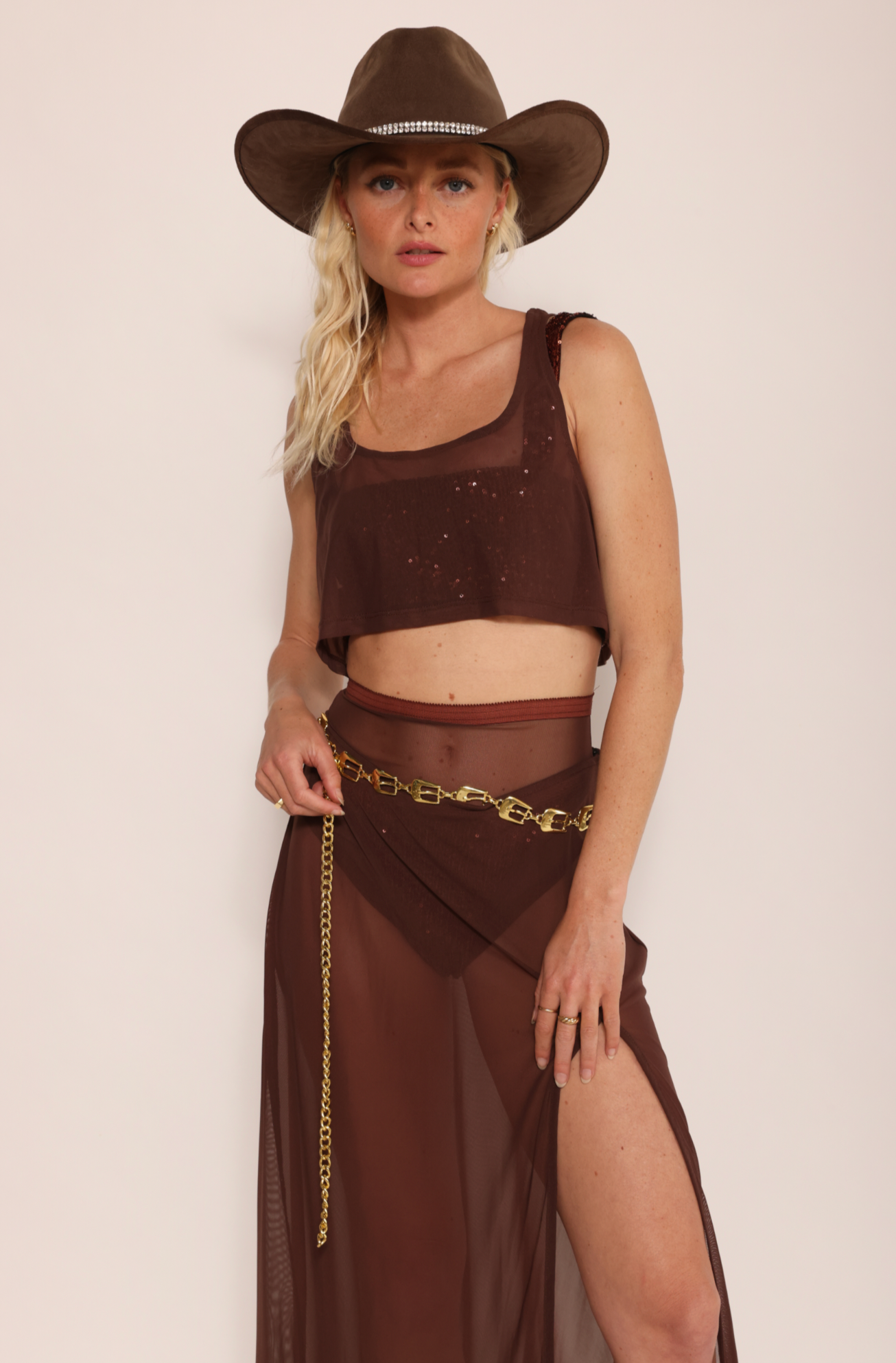 Sheer Midi Skirt with high slit brown cowboy
