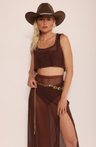 Sheer Midi Skirt with high slit brown cowboy