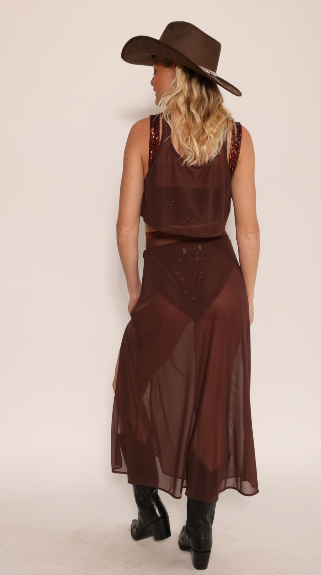 Sheer Midi Skirt with high slit brown