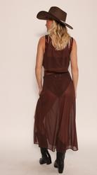 Sheer Midi Skirt with high slit brown