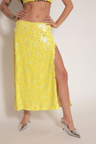 yellow retro sequin midi skirt 