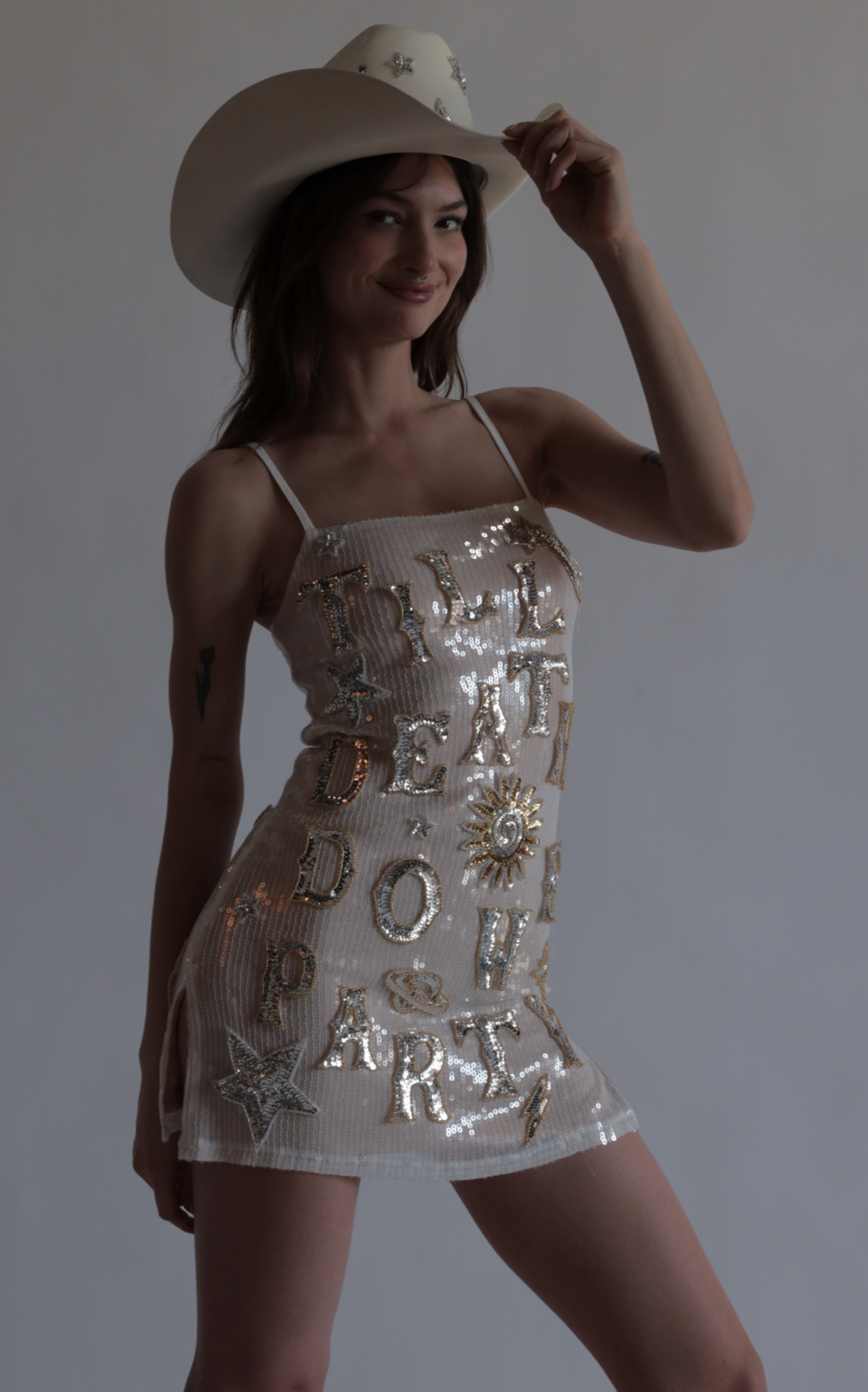 Till death sequin mini dress in white