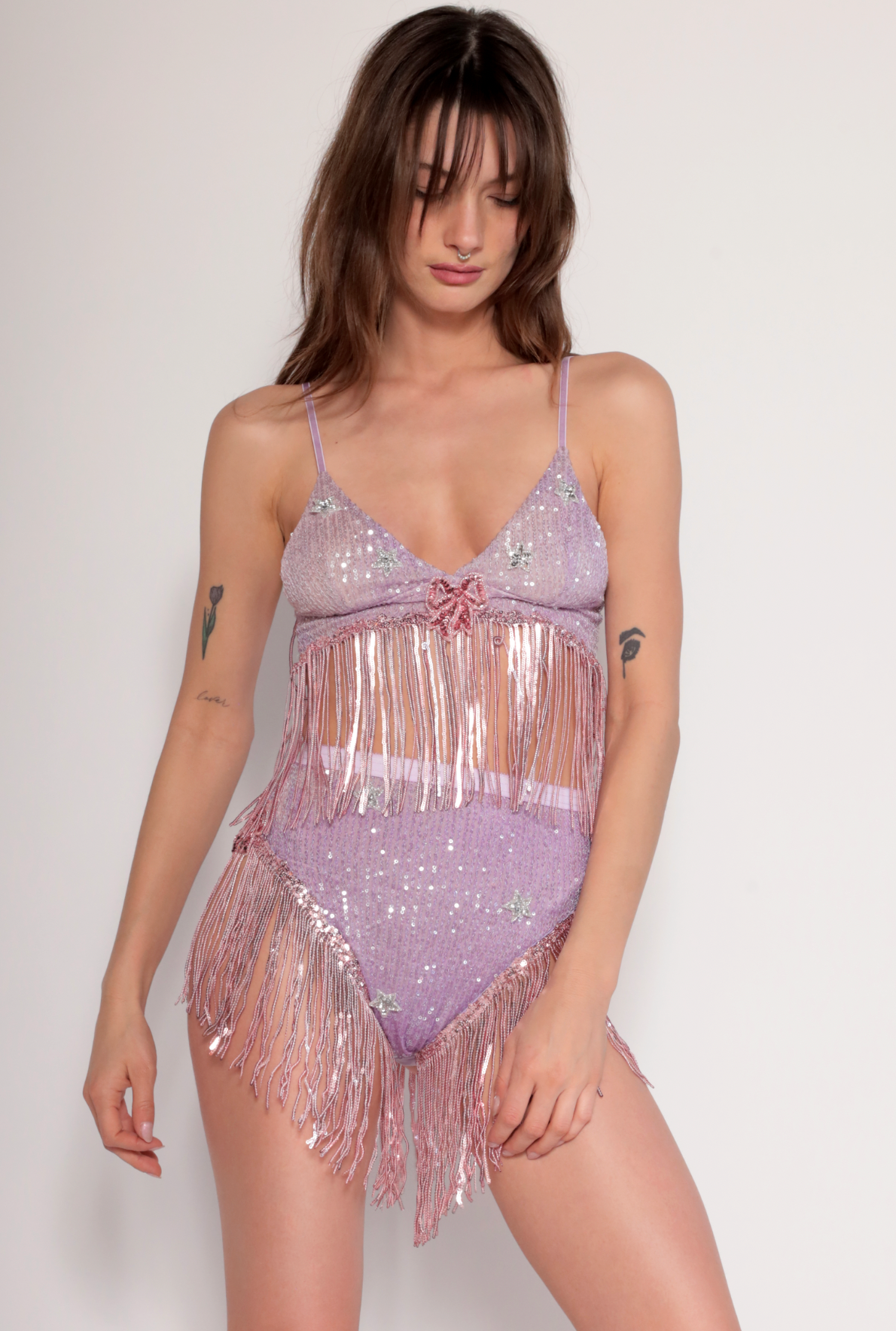 lavender and pink sequin bow bra and underwear set