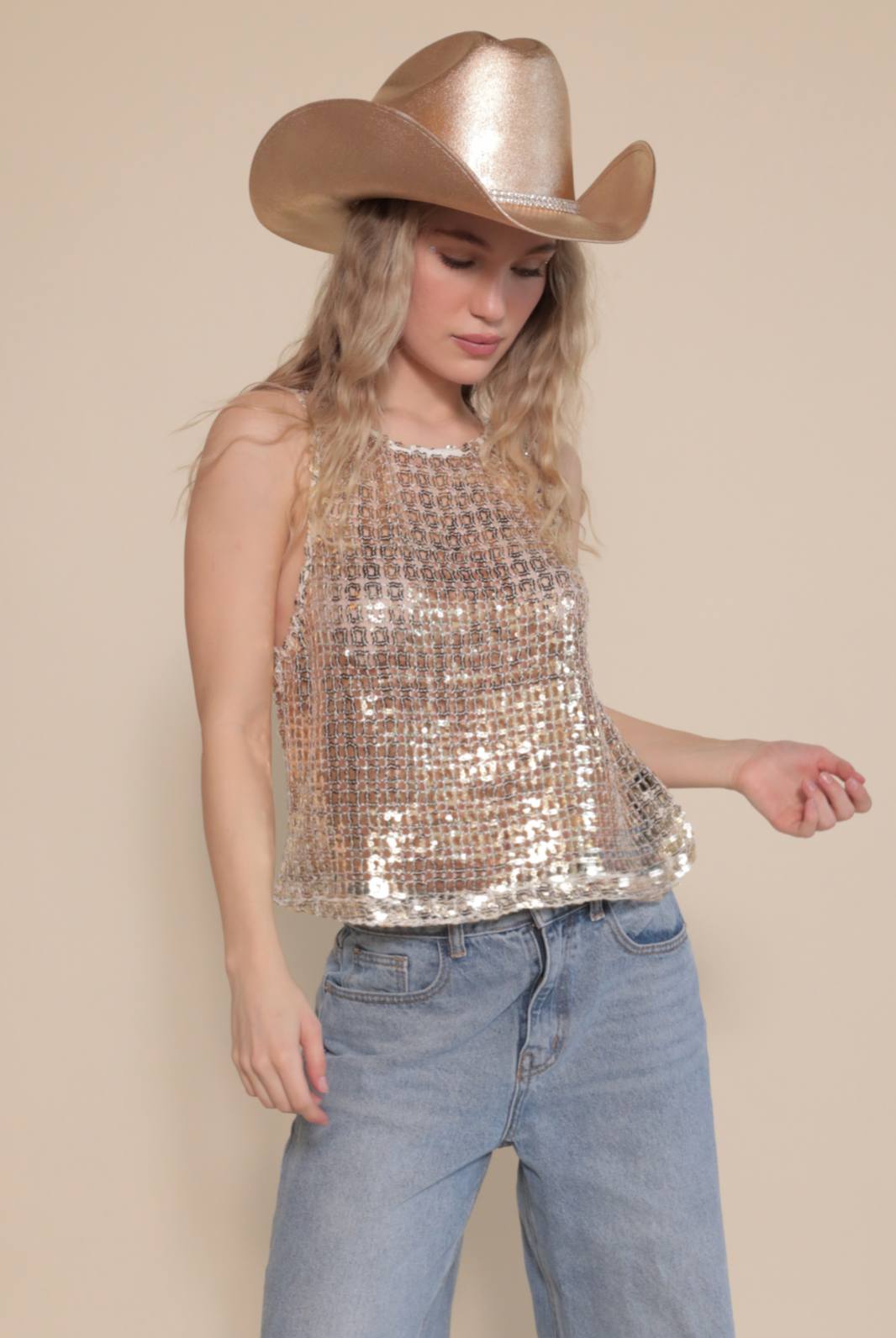 Basic tank with square sequin pattern and gold cowboy hat.