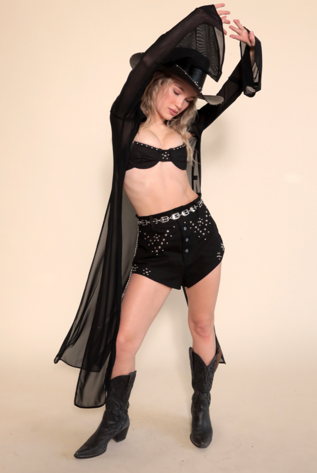 Bolero Duster in Black Sheer with black studded festival bra and short set.