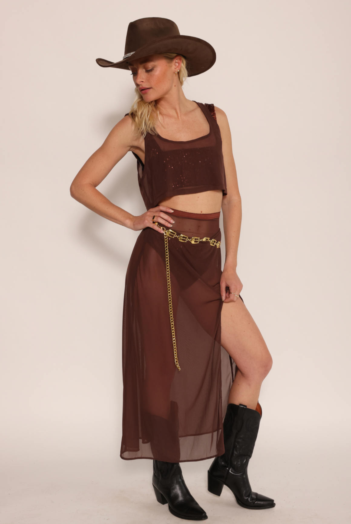 Sheer Midi Skirt with high slit brown
