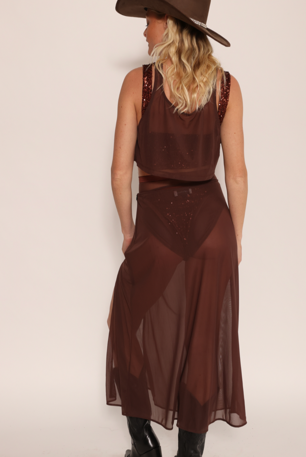 Sheer Midi Skirt with high slit brown